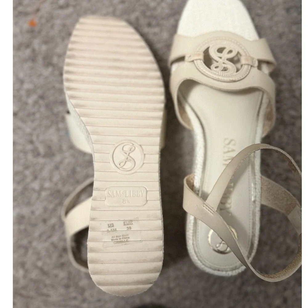 Sam Libby Camille Wedge‎ Sandals 8.5 Cream Beige Espadrille Ankle Strap Platform